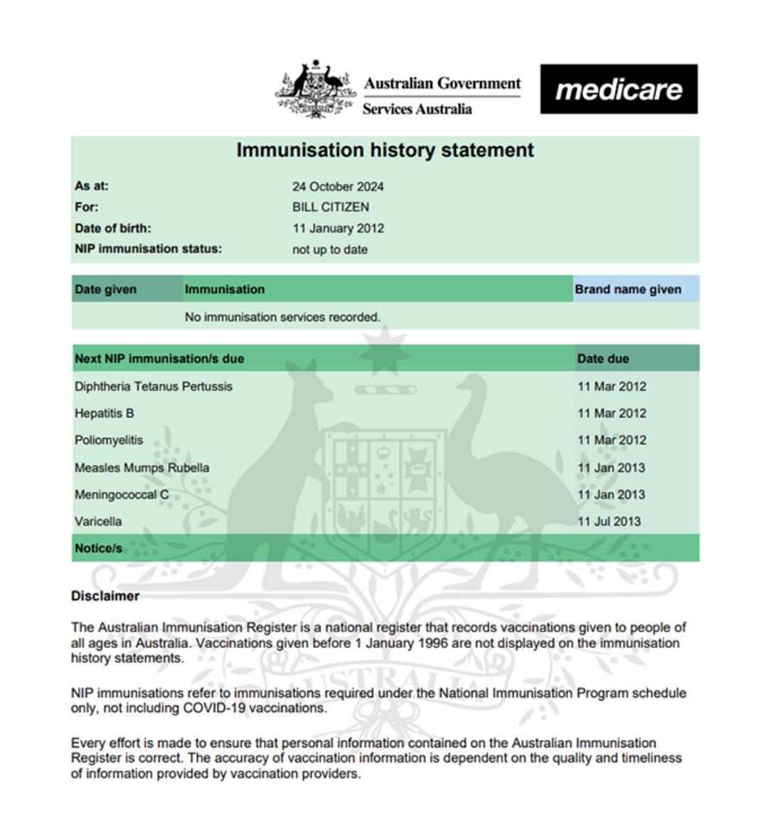Immunisation History Statement Example