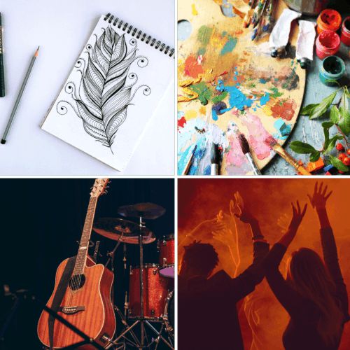 A four-panel collage: Top left, pencils beside a notebook sketch of a feather; top right, a colourful artist’s palette with brushes blending hues to create new shades; bottom left, an acoustic guitar and drum set on stage at an indie music event; bottom right, two people dancing with raised arms under warm lighting. This collage symbolises the diverse forms of creative and expressive arts that our community nourishes and is nourished by.