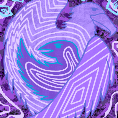 Larger bird sheltering another bird in the caring embrace of its wings, while surrounded by air currents and natural movements. This image symbolises how communities of care prioritise equitable sharing of emotional and other forms of support.