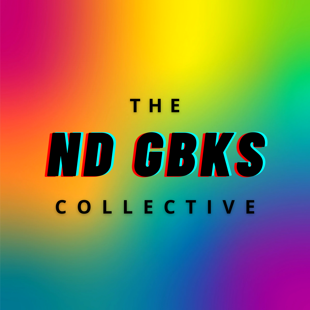 A colourful swirl background on which the words "The ND GBKS Collective" appear in stylish comic book style font that signifies the fun and informal nature of this group. The colourful background contains a rainbow of colours that is representative of both the GBKS community and the diverse spectrum of neurodivergent lived experiences.