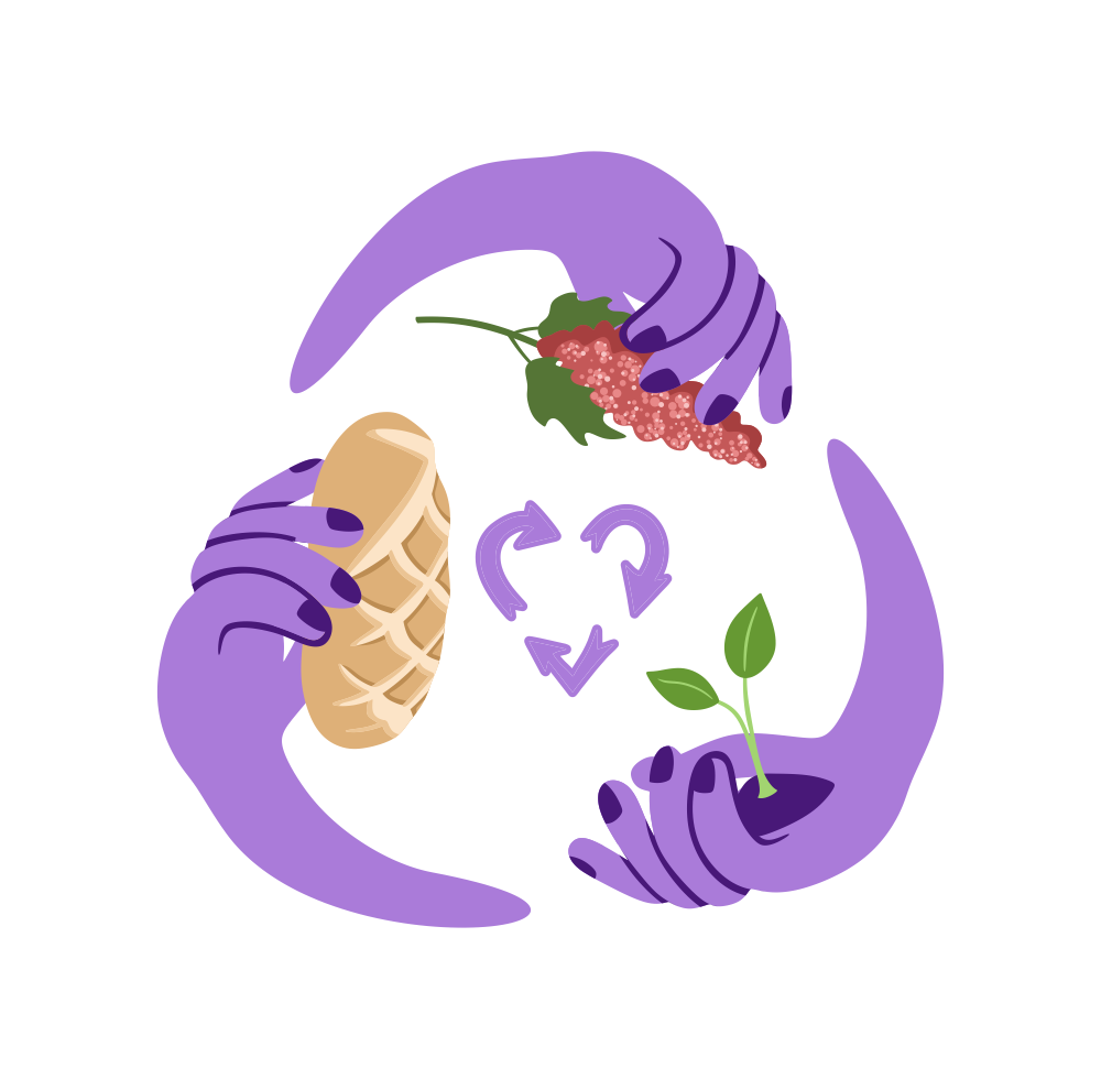 Three hands in a circle, with the top hand holding a quinoa flowering plant, the lower right hand holding a growing seedling in soil, and the lower left hand holding a loaf of bread. Inside this circle of hands is a heart outline formed by three clockwise arrows. This image represents a solidarity economy as an alternative to capitalism.