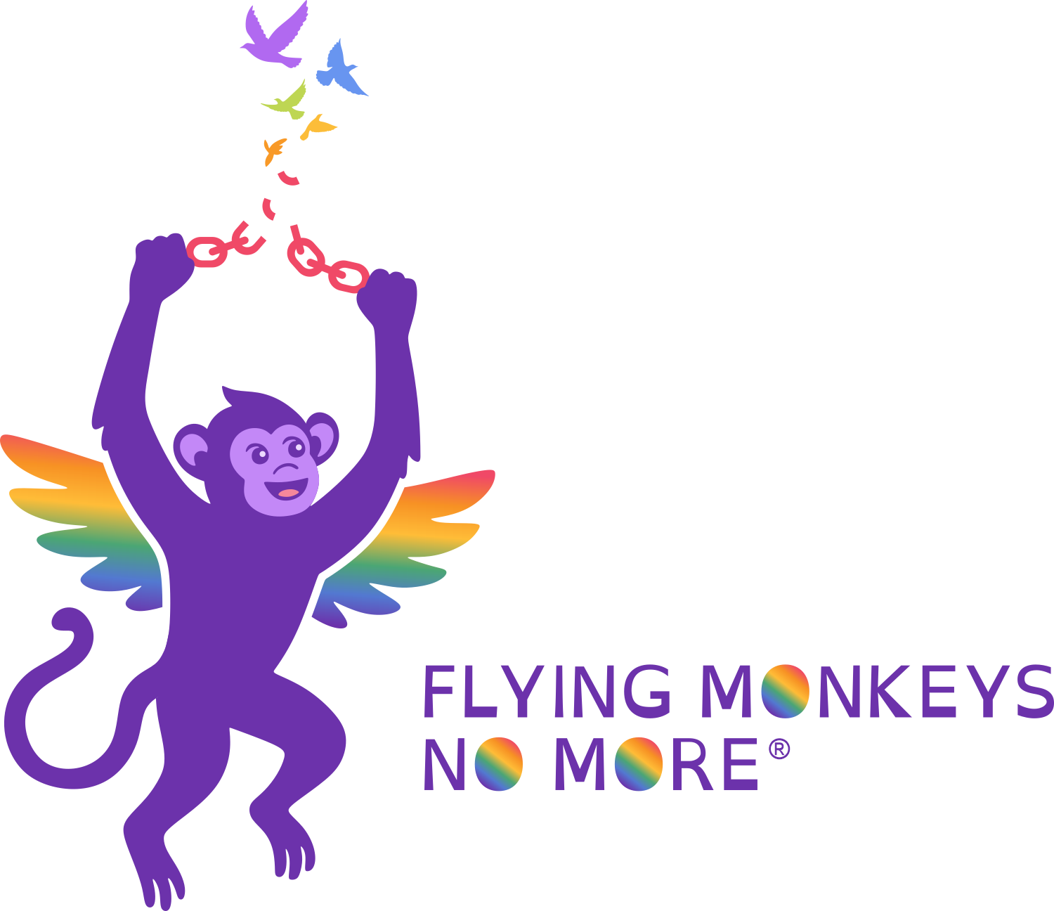 A flying monkey breaking the chains of coercive control that bind the monkey, with the chains becoming a rainbow of birds of liberation at the break point, and the words Flying Monkeys No More® below the image.